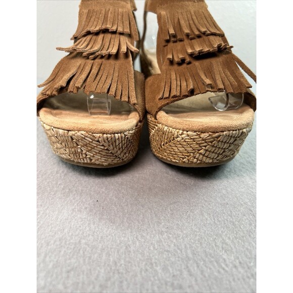 Minnetonka Wedge Platform T Strap Suede Sandal Size 7 Brown Fringe Espadrille - Picture 6 of 10